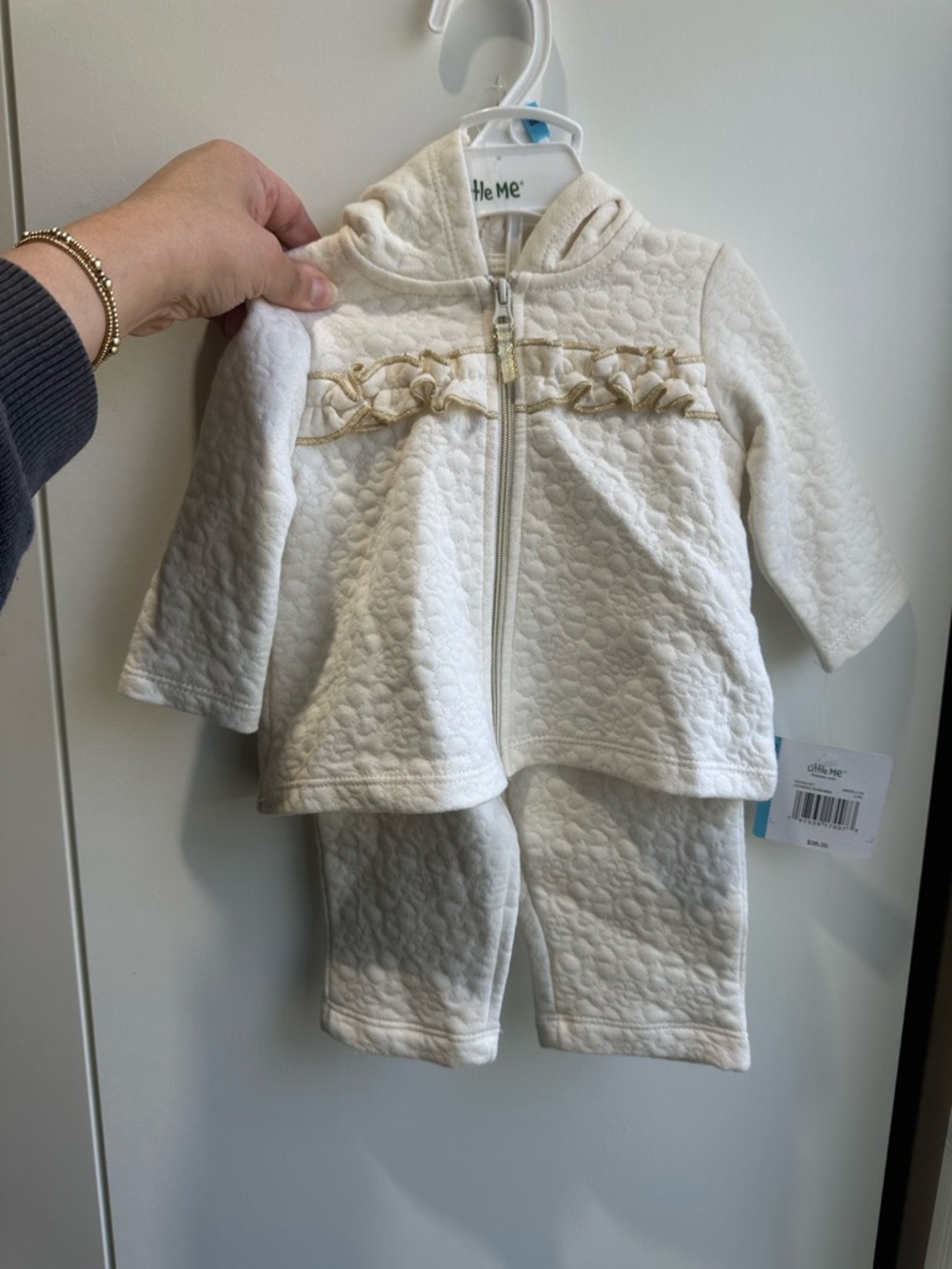 Little Me Cream Quilted Hooded Jacket & Pant Set with Ruffle Trim